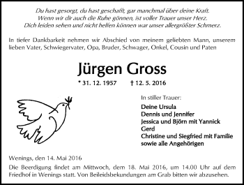 Traueranzeige von Jürgen Gross von  Kreisanzeiger