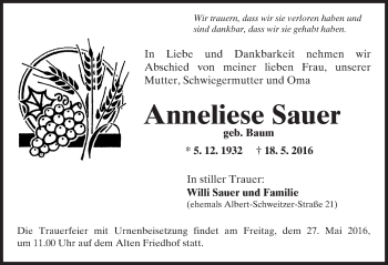 Traueranzeige von Anneliese Sauer von  Hochheimer Zeitung