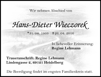 Traueranzeige von Hans-Dieter Wieczorek von  Allgemeine  Zeitung Ingelheim-Bingen