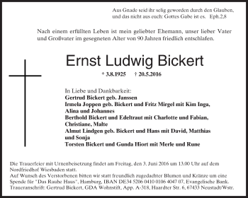 Traueranzeige von Ernst Ludwig Bickert von  Wiesbaden komplett