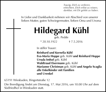 Traueranzeige von Hildegard Kühl von  Wiesbaden komplett