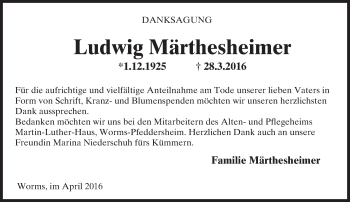 Traueranzeige von Ludwig Märthesheimer von  Wormser Zeitung