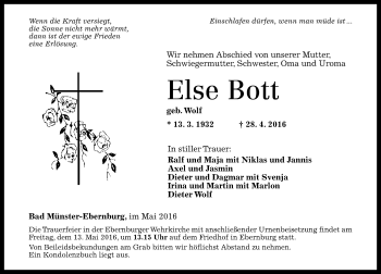 Traueranzeige von Else Bott von  Allg. Zeitung Bad Kreuznach