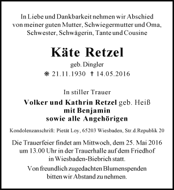 Traueranzeige von Käte Retzel von  Wiesbaden komplett