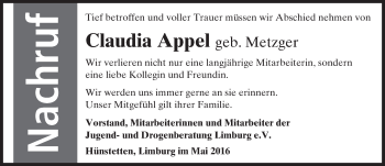 Traueranzeige von Claudia Appel von  Wiesbaden komplett