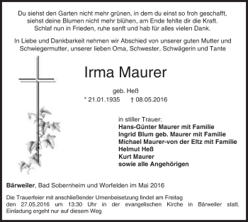 Traueranzeige von Irma Maurer von  Allg. Zeitung Bad Kreuznach