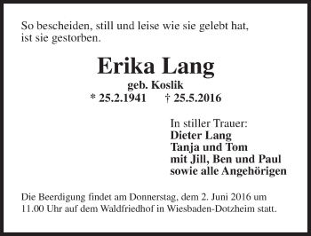 Traueranzeige von Erika Lang von  Wiesbaden komplett