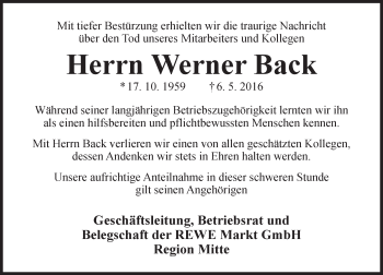 Traueranzeige von Werner Back von  Wiesbaden komplett
