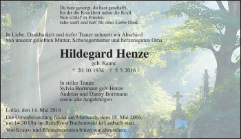 Traueranzeige von Hildegard Henze von  Gießener Anzeiger