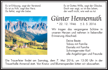 Traueranzeige von Günter Hennemuth von  Gießener Anzeiger