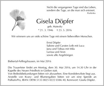 Traueranzeige von Gisela Döpfer von  Gießener Anzeiger