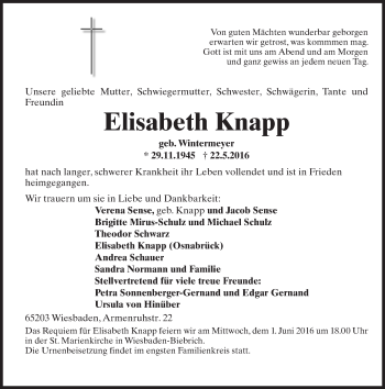 Traueranzeige von Elisabeth Knapp von  Wiesbaden komplett