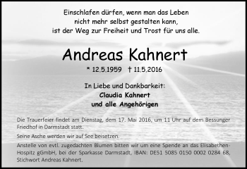 Traueranzeige von Andreas Kahnert von Trauerportal Echo Online