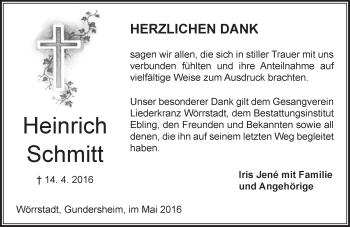 Traueranzeige von Heinrich Schmitt von  Allgemeine Zeitung Alzey