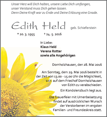 Traueranzeige von Edith Held von  Gießener Anzeiger