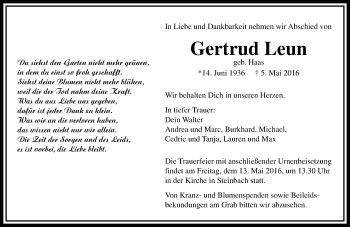 Traueranzeige von Gertrud Leun von  Gießener Anzeiger