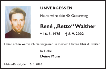 Traueranzeige von Rene Walther von  Allgemeine Zeitung Mainz