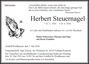 Traueranzeige von Herbert Steuernagel von VRM Trauer