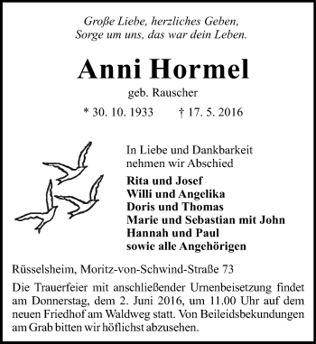 Traueranzeige von Anni Hormel von Trauerportal Echo Online