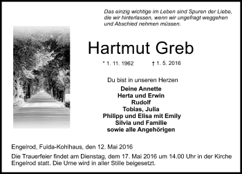 Traueranzeige von Hartmut Greb von VRM Trauer