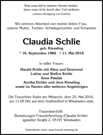 Traueranzeige von Claudia Schlie von  Wiesbaden komplett