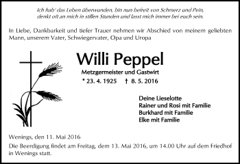 Traueranzeige von Willi Peppel von  Kreisanzeiger