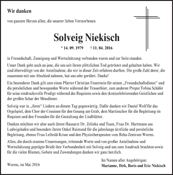 Traueranzeige von Solveig Niekisch von  Wormser Zeitung