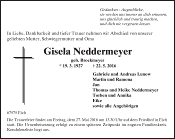 Traueranzeige von Gisela Neddermeyer von  Wormser Zeitung