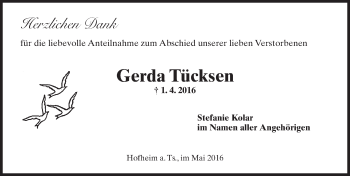 Traueranzeige von Gerda Tücksen von  Hofheimer Zeitung
