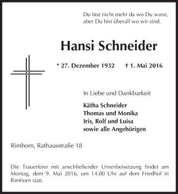 Traueranzeige von Hansi Schneider von Trauerportal Echo Online