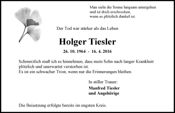 Traueranzeige von Holger Tiesler von  Allgemeine Zeitung Mainz