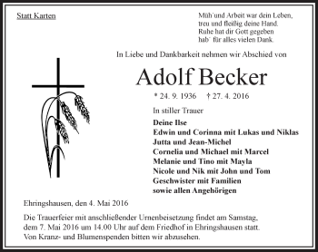 Traueranzeige von Adolf Becker von VRM Trauer