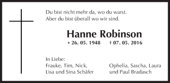 Traueranzeige von Hanne Robinson von Trauerportal Echo Online