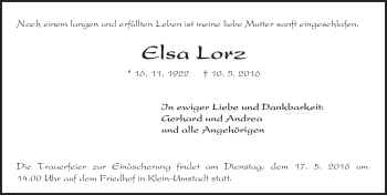 Traueranzeige von Elsa Lorz von Trauerportal Echo Online