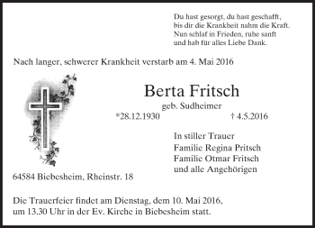 Traueranzeige von Berta Fritsch von Trauerportal Echo Online