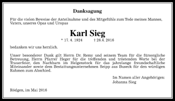 Traueranzeige von Karl Sieg von  Gießener Anzeiger