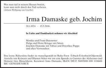 Traueranzeige von Irma Damaske von Trauerportal Echo Online