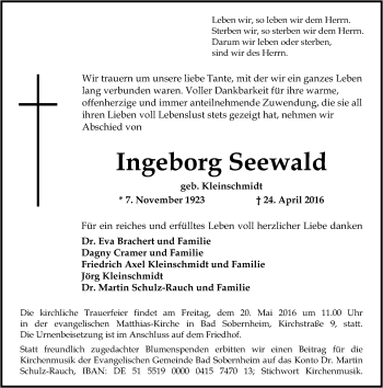 Traueranzeige von Ingeburg Seewald von  Allg. Zeitung Bad Kreuznach