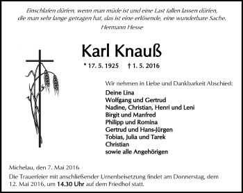 Traueranzeige von Karl Knauß von  Kreisanzeiger