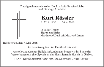 Traueranzeige von Kurt Rössler von  Gießener Anzeiger