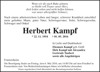 Traueranzeige von Herbert Kampf von  Allgemeine Zeitung Alzey
