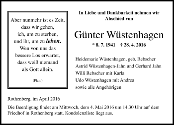 Traueranzeige von Günter Wüstenhagen von Trauerportal Echo Online