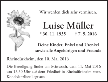 Traueranzeige von Luise Mül-er von  Wormser Zeitung