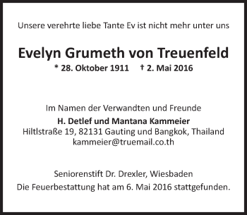Traueranzeige von Evelyn  Grumeth von Treuenfeld von  Wiesbaden komplett