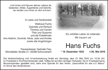 Traueranzeige von Hans Fuchs von  Allgemeine Zeitung Mainz