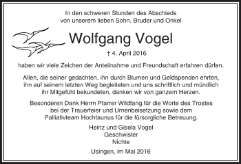 Traueranzeige von Wolfgang Vogel von  Usinger Anzeiger