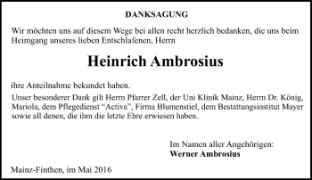 Traueranzeige von Heinrich Ambrosius von  Allgemeine Zeitung Mainz