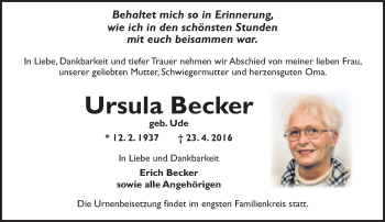 Traueranzeige von Ursula Becker von  Allgemeine Zeitung Mainz