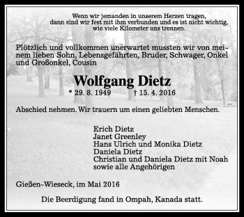Traueranzeige von Wolfgang Dietz von  Gießener Anzeiger