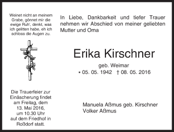 Traueranzeige von Erika Kirschner von Trauerportal Echo Online